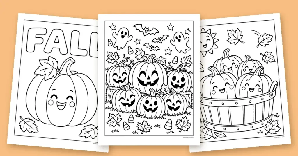 Three pumpkin coloring pages fanned out: a patch of smiling jack-o'-lanterns, a single happy pumpkin, and a basket full of pumpkins