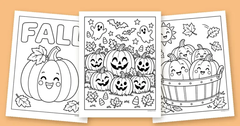 Three pumpkin coloring pages fanned out: a patch of smiling jack-o'-lanterns, a single happy pumpkin, and a basket full of pumpkins