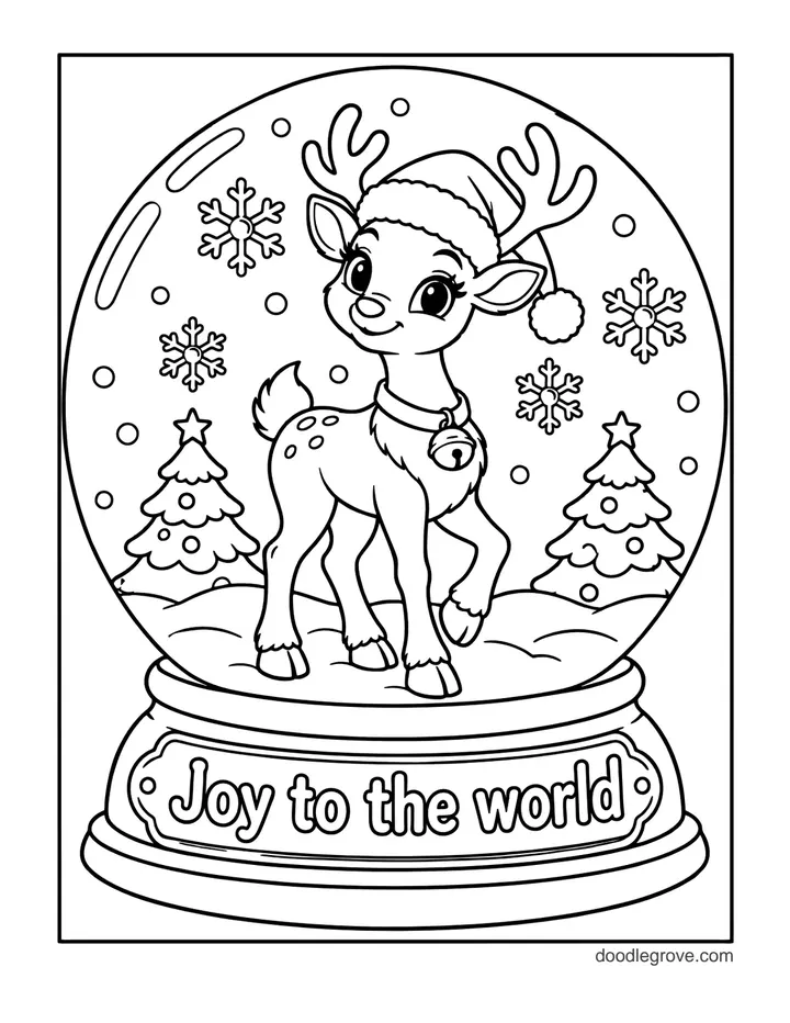 Reindeer Snow Globe coloring page: a baby reindeer in a Santa hat inside a snow globe with pine trees and snowflakes, on a base that says Joy to the world