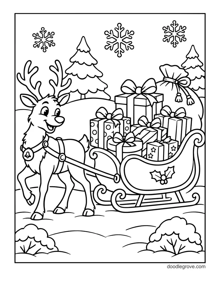 Reindeer Pulling a Sleigh of Presents coloring page: a reindeer pulling a sleigh piled with wrapped gifts past snowy pines and falling snowflakes