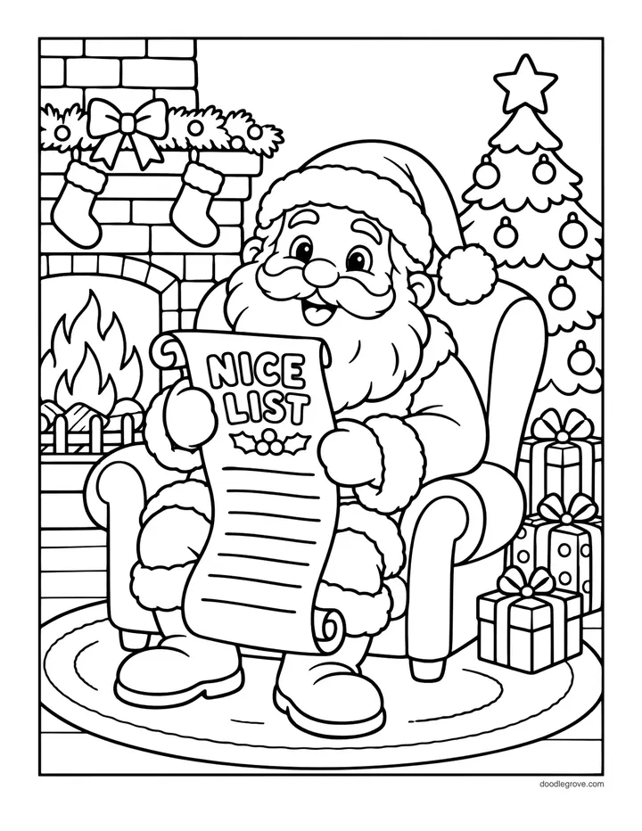 Santa Reading the Nice List coloring page: Santa in an armchair by the fireplace reading a long scroll that says Nice List, with stockings, a Christmas tree and presents around him
