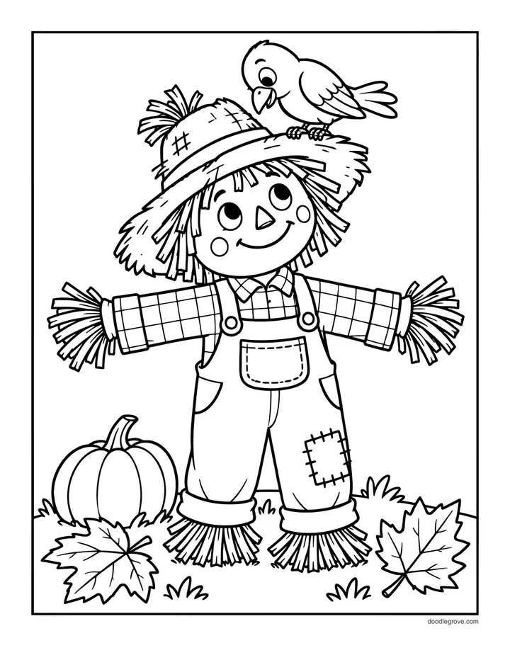 Classic Scarecrow with a Crow coloring page: a scarecrow in a plaid shirt and patched overalls with a bird on its hat and small pumpkins and leaves at its feet.