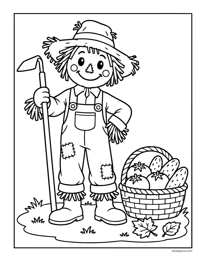 Garden Harvest Scarecrow coloring page: a scarecrow holding a hoe beside a basket of vegetables