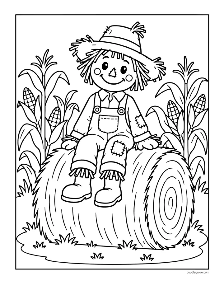 Scarecrow in the Cornfield coloring page: a smiling scarecrow sitting on a round hay bale with cornstalks behind