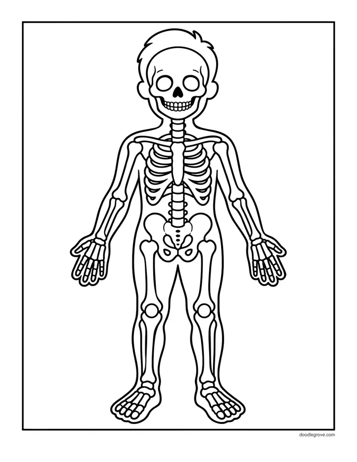 Skeleton Inside a Body coloring page: a full skeleton drawn inside the outline of a standing child, showing the skull, rib cage, spine and arm and leg bones.