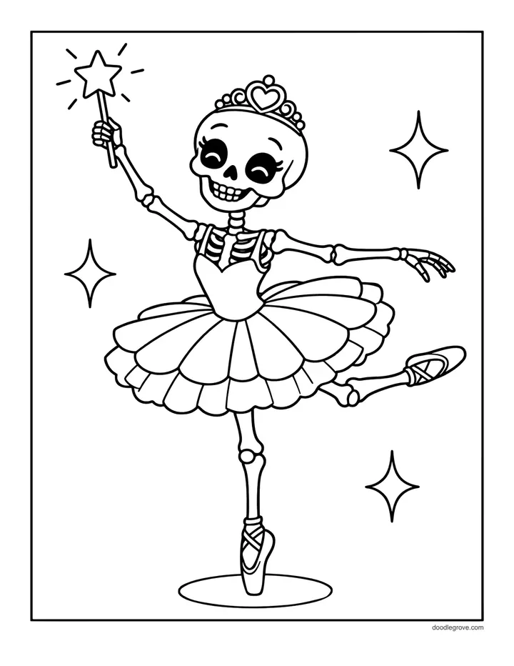 Ballerina Skeleton coloring page: a smiling skeleton in a tutu and pointe shoes dancing on one toe with a star wand.