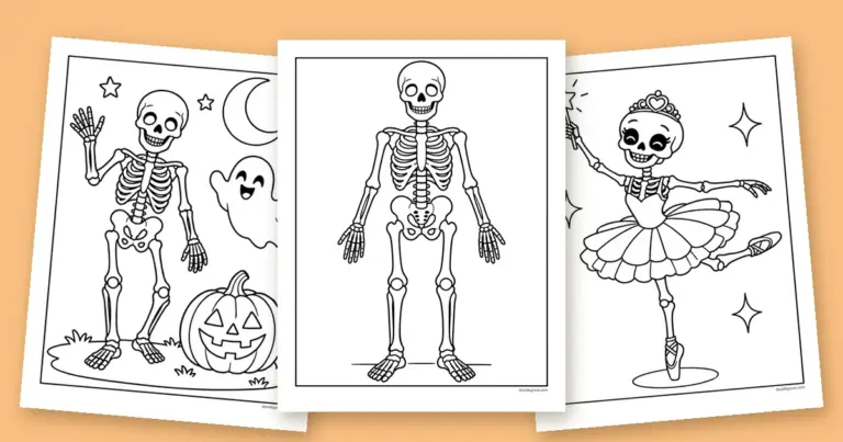 Three skeleton coloring pages fanned out: a standing skeleton, a waving skeleton with a ghost and a pumpkin, and a ballerina skeleton.