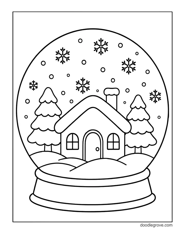 Snow Globe Cottage coloring page: a cozy cottage with a chimney inside a snow globe, with pine trees and falling snow, on a round base