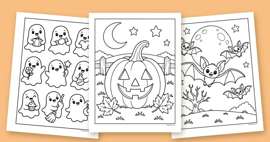 Three Halloween coloring pages fanned out: a big smiling jack-o-lantern by a fence, a page of nine little ghosts, and three bats flying across a full moon