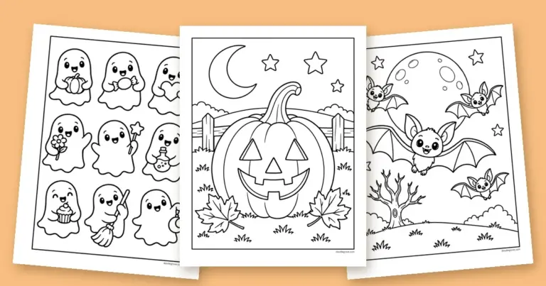 Three Halloween coloring pages fanned out: a big smiling jack-o-lantern by a fence, a page of nine little ghosts, and three bats flying across a full moon