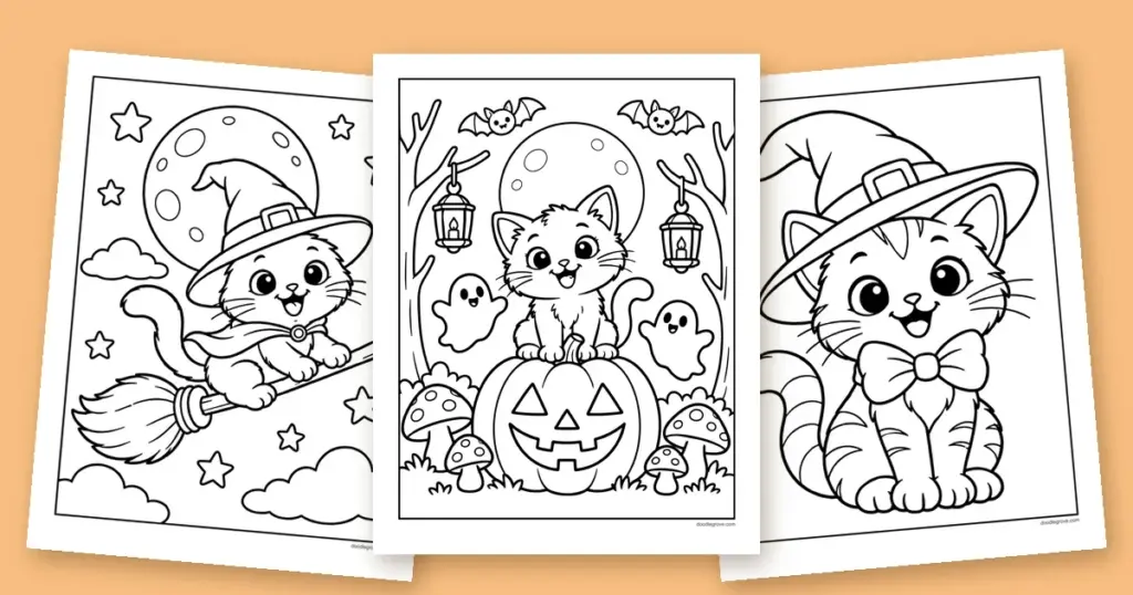 Three black cat coloring pages fanned out: a kitten sitting on a jack-o'-lantern at night, a witch kitten riding a broomstick, and a smiling kitten in a witch hat
