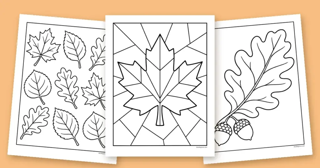 Three fall leaf coloring pages fanned out: a geometric maple leaf, a page of nine autumn leaves, and an oak leaf with acorns