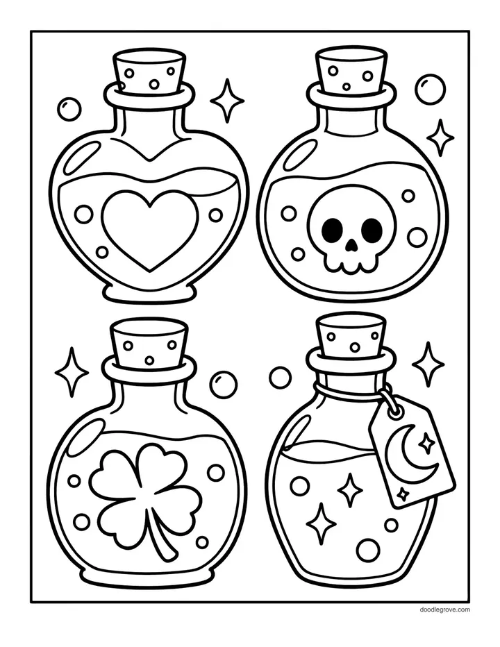 Four Potion Bottles coloring page: four potion bottles in different shapes, one with a heart, one with a skull, one with a clover and one with a moon tag, with sparkles around them