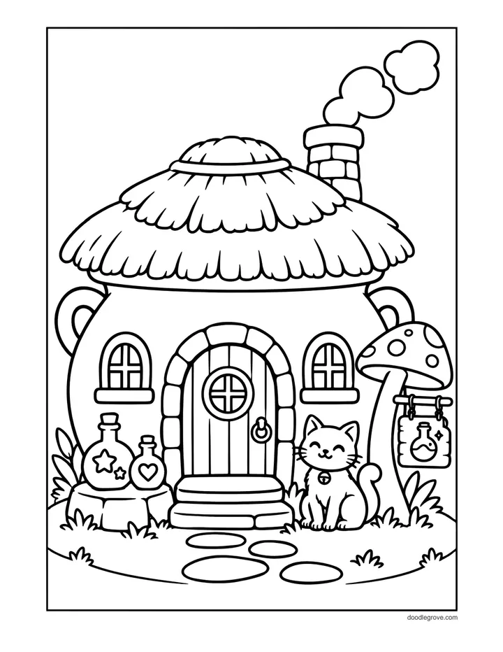 Witch's Cauldron Cottage coloring page: a round thatched cottage with a door, potion bottles, a cat and mushrooms, with smoke curling from the chimney