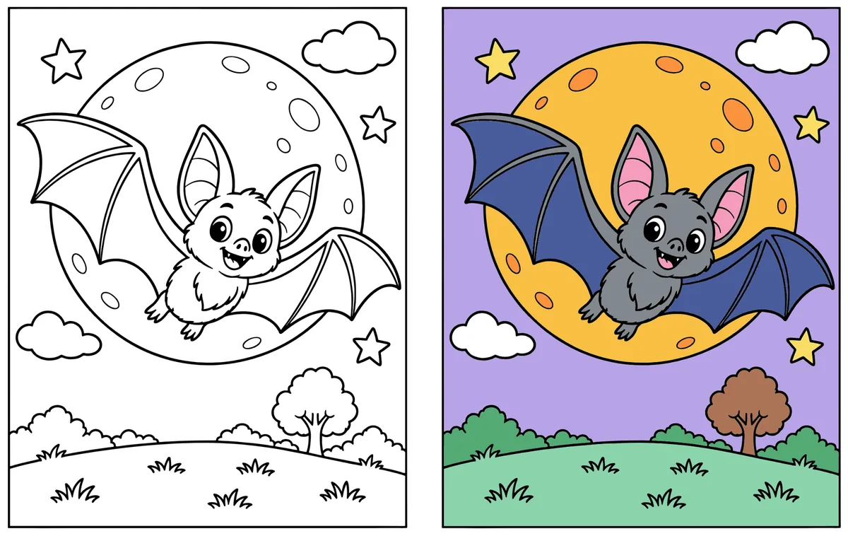 Bat Flying Past the Moon coloring page: the blank line art next to a colored version