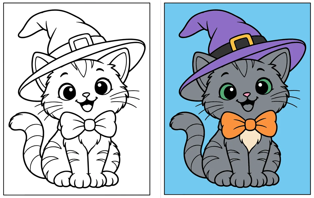 Kitten in a Witch Hat coloring page: the blank line art next to a colored version