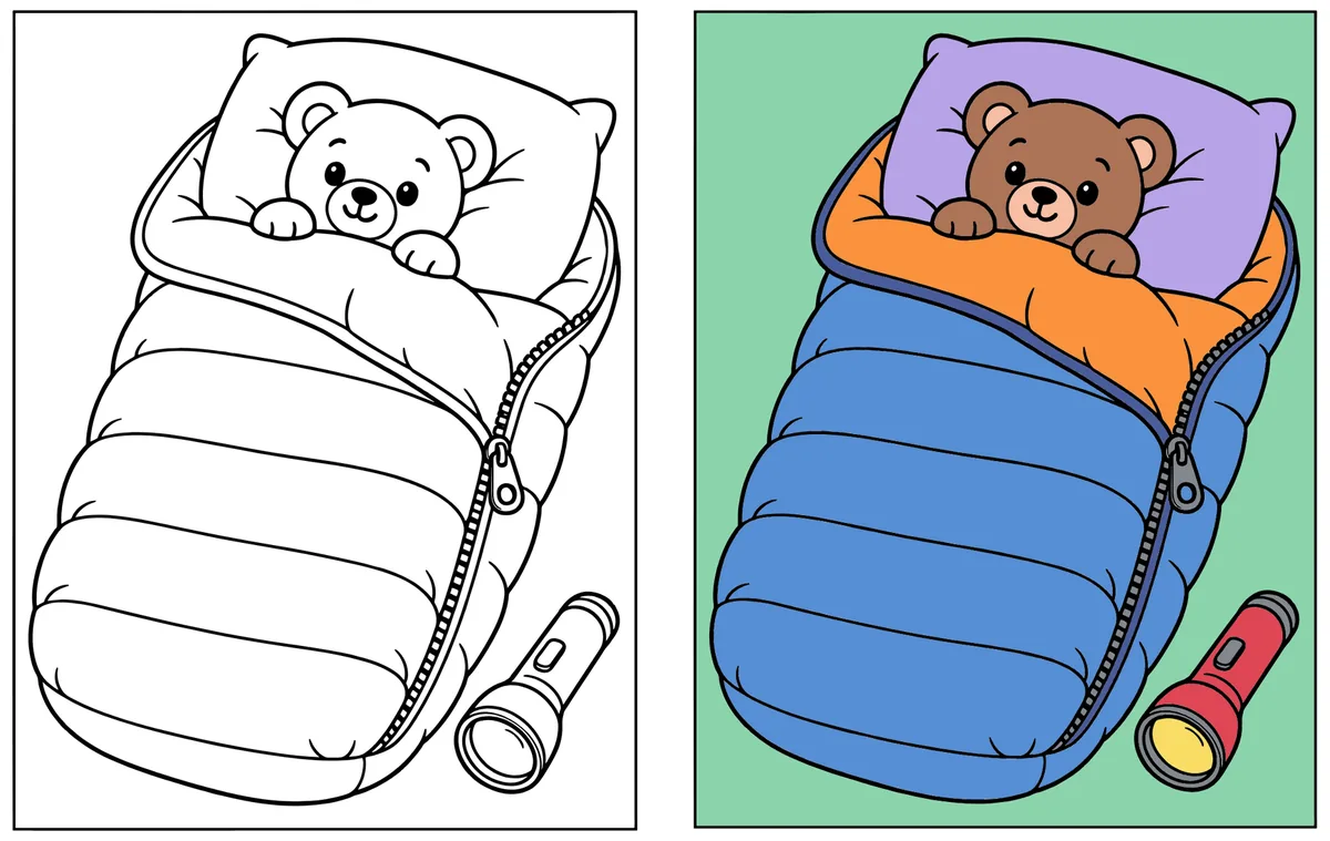 Teddy Bear in a Sleeping Bag coloring page: the blank line art next to a colored version