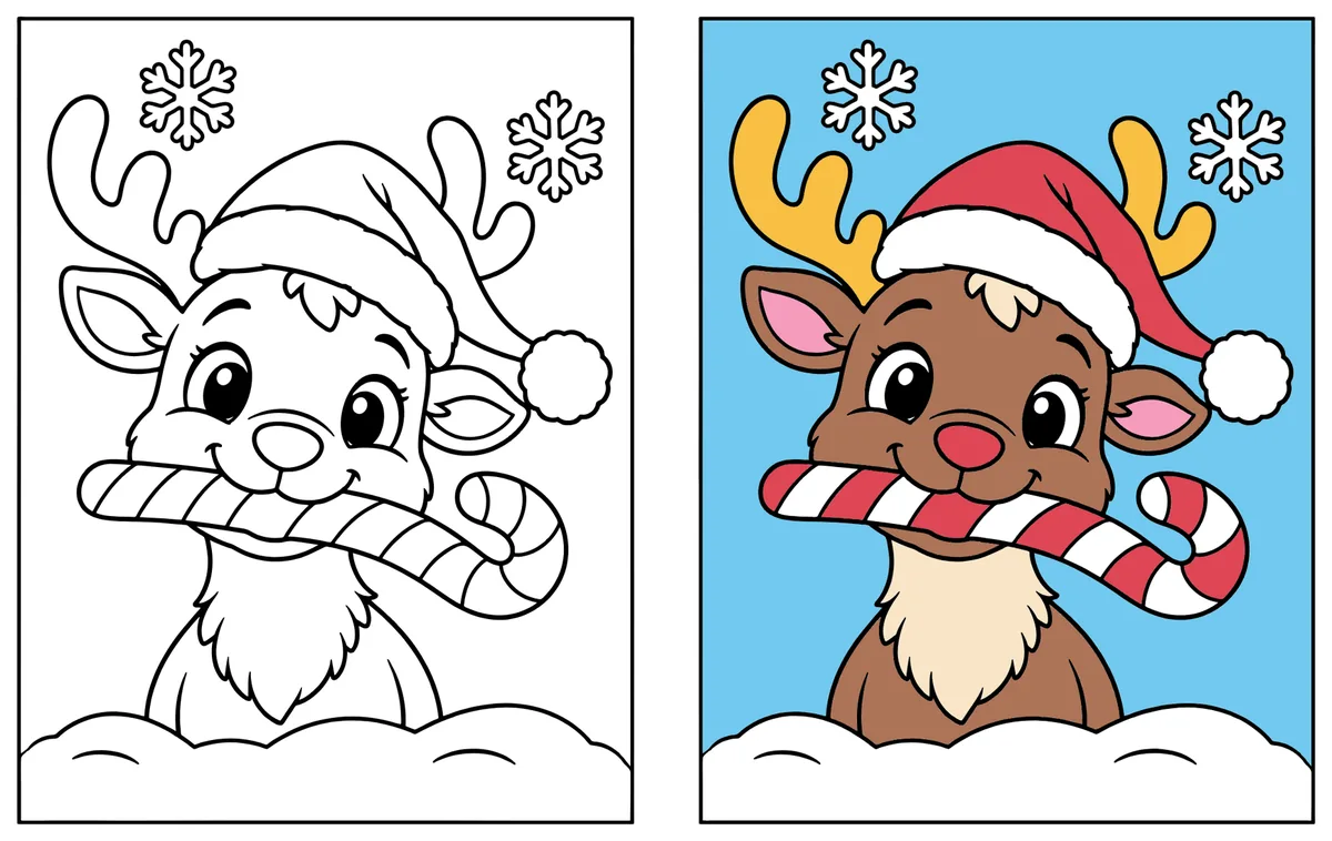 Reindeer with a Candy Cane coloring page: the blank line art next to a colored version