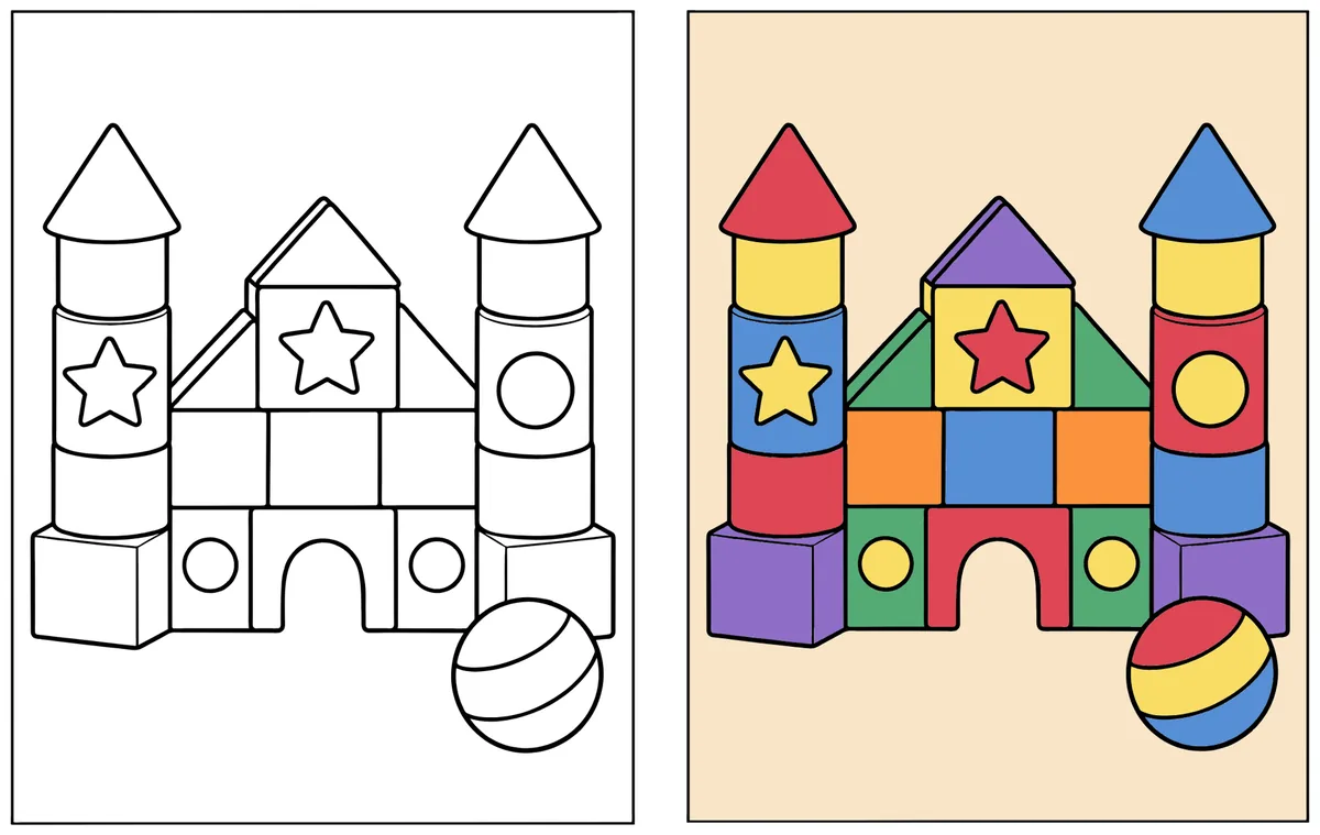 Toy Block Castle coloring page: the blank line art next to a colored version