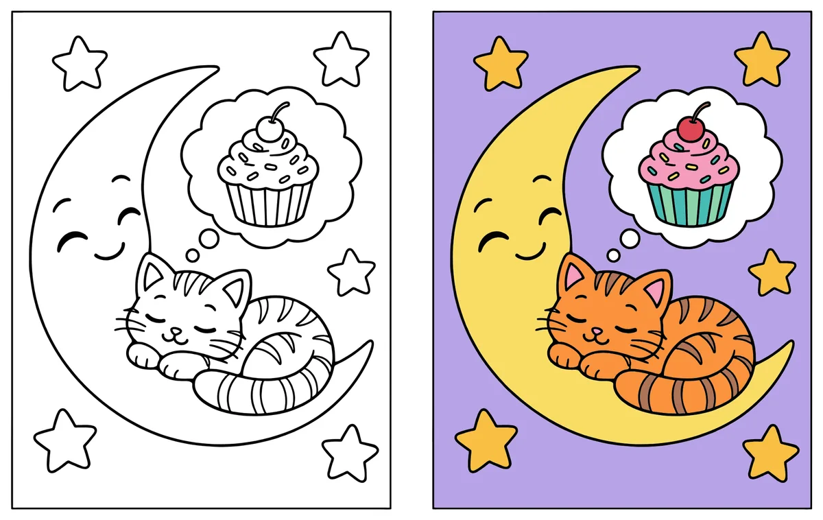 Kitten Sleeping on the Moon coloring page: the blank line art next to a colored version