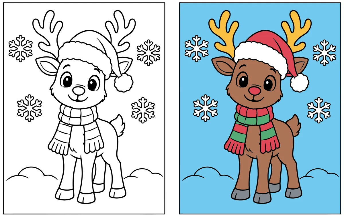 Little Reindeer coloring page: the blank line art next to a colored version