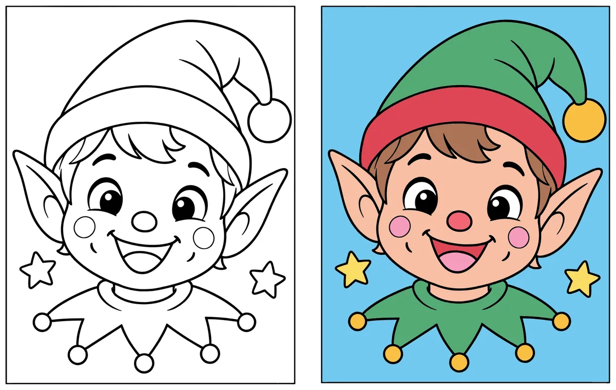 Happy Elf Face coloring page: the blank line art next to a colored version