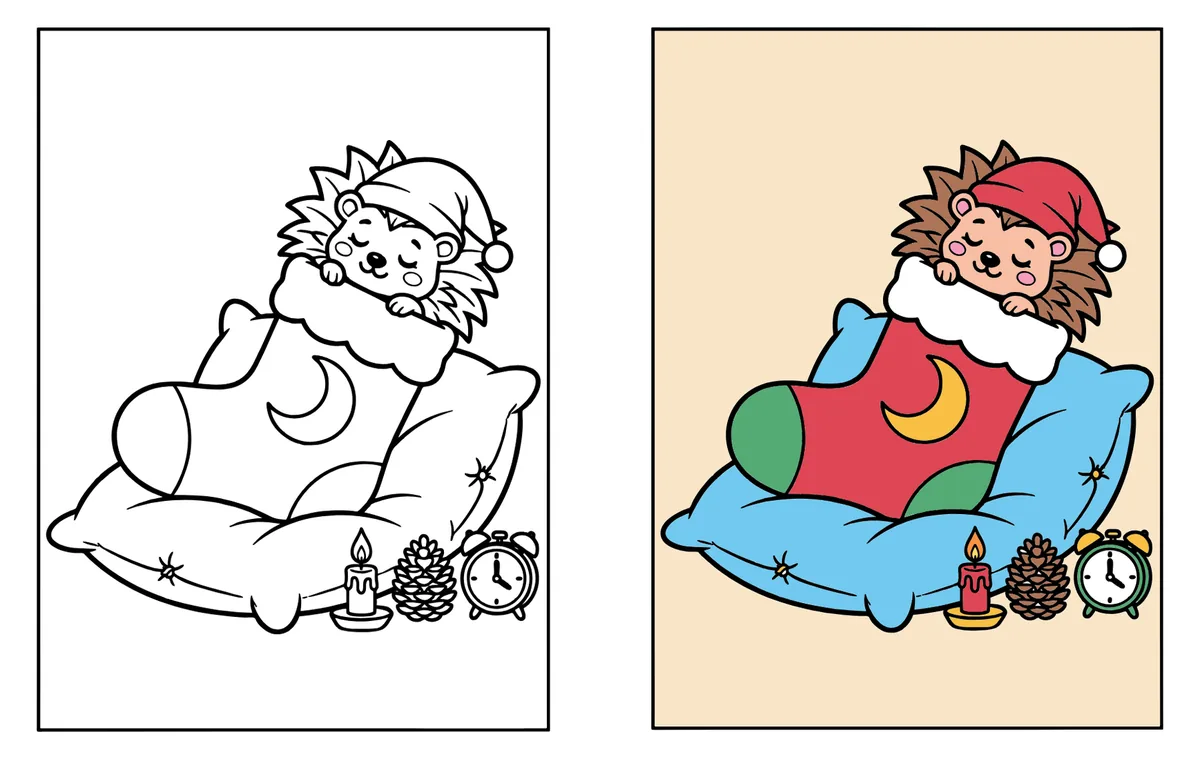 Hedgehog in a Stocking coloring page: the blank line art next to a colored version