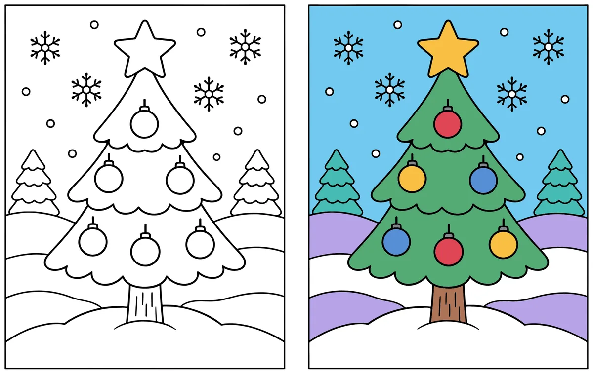 Christmas Tree in the Snow coloring page: the blank line art next to a colored version