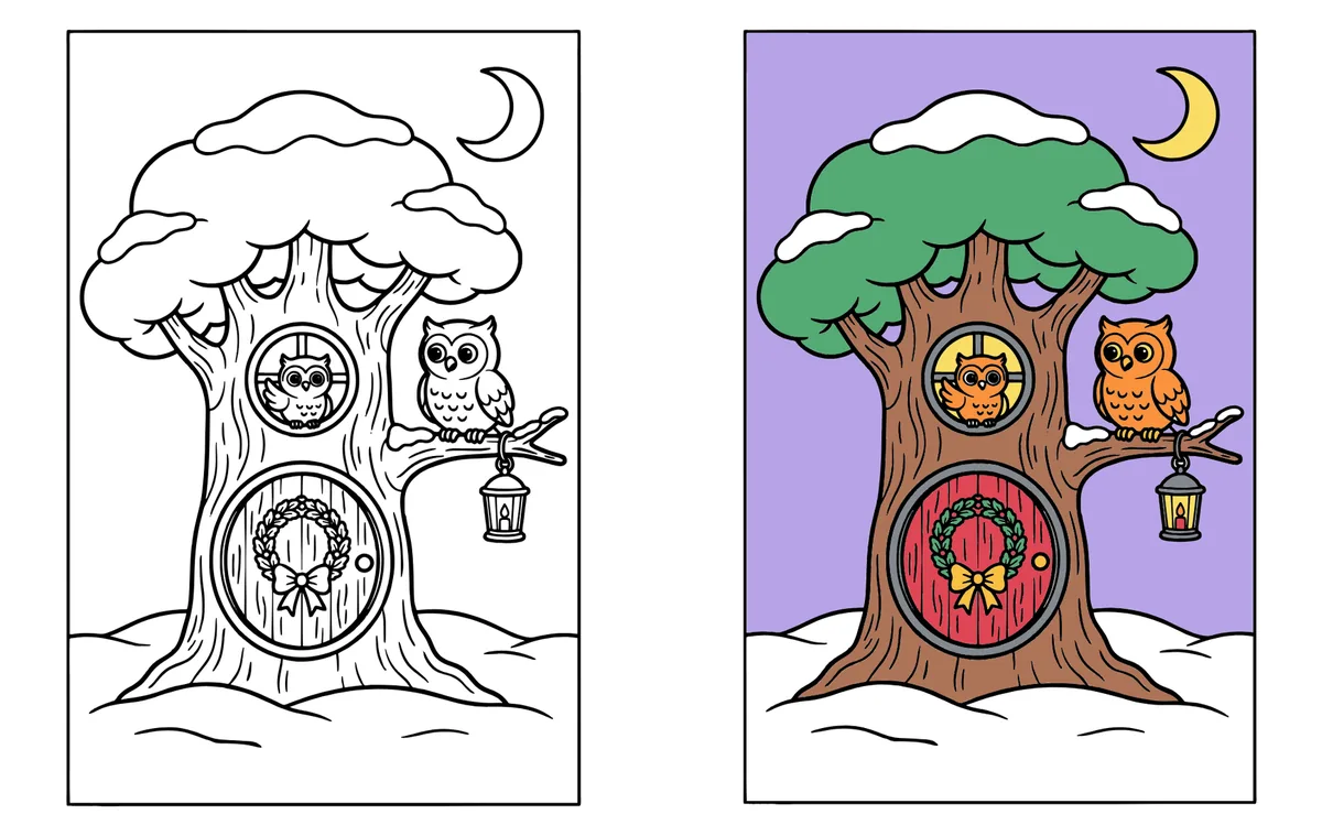 Owl Tree House coloring page: the blank line art next to a colored version