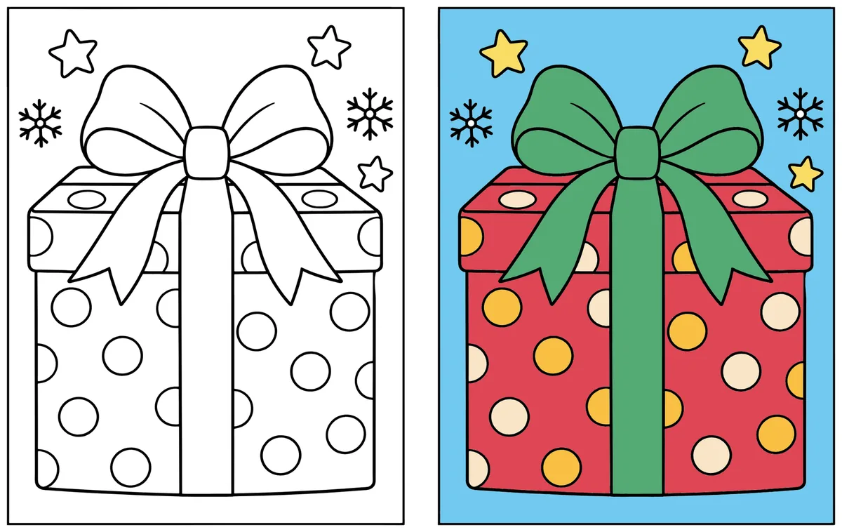 Polka Dot Present coloring page: the blank line art next to a colored version