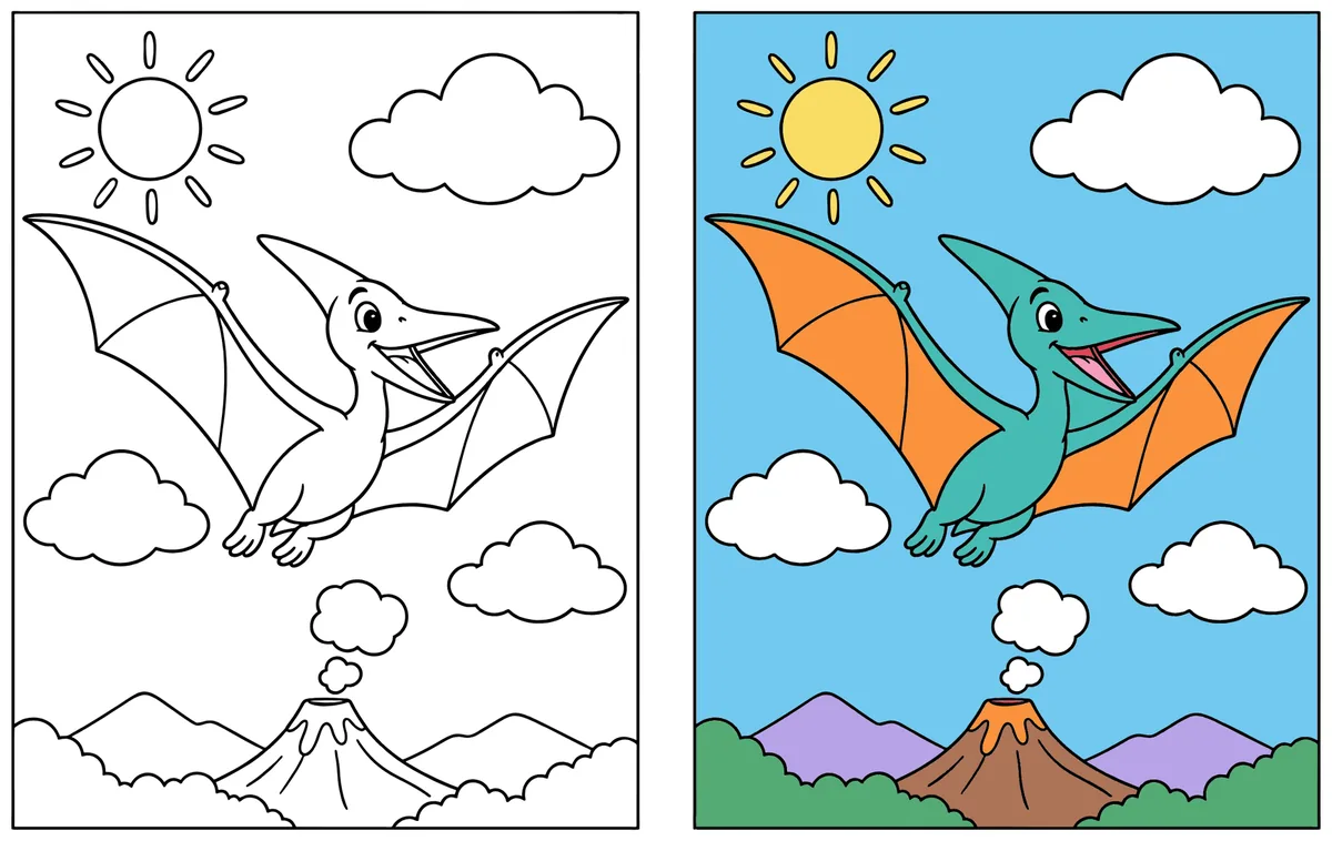 Pterodactyl coloring page: the blank line art next to a colored version