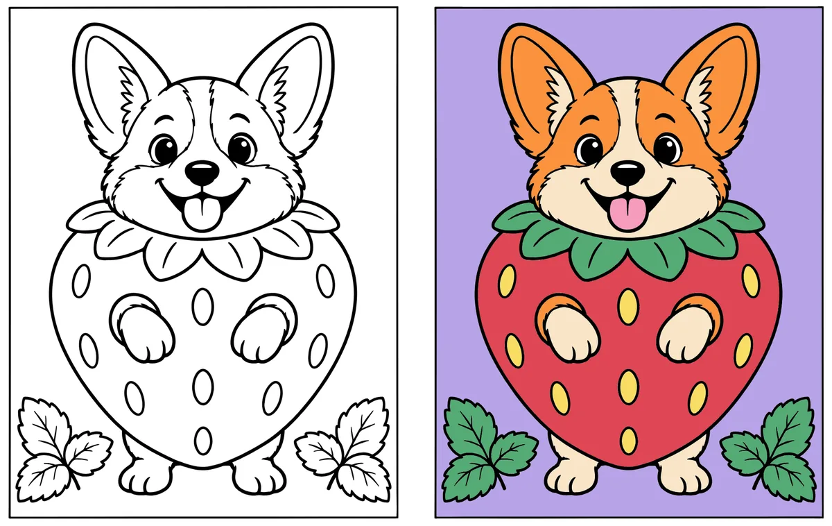 Corgi in a Strawberry Costume coloring page: the blank line art next to a colored version