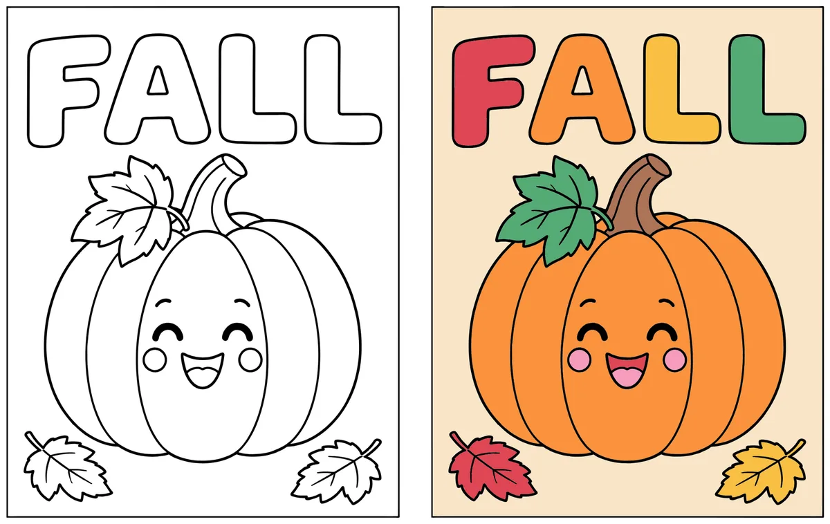 Smiling Pumpkin coloring page: the blank line art next to a colored version