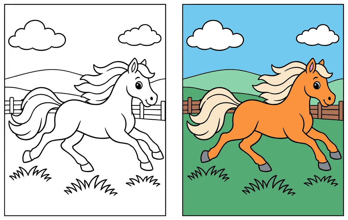 Galloping Horse coloring page: the blank line art next to a colored version