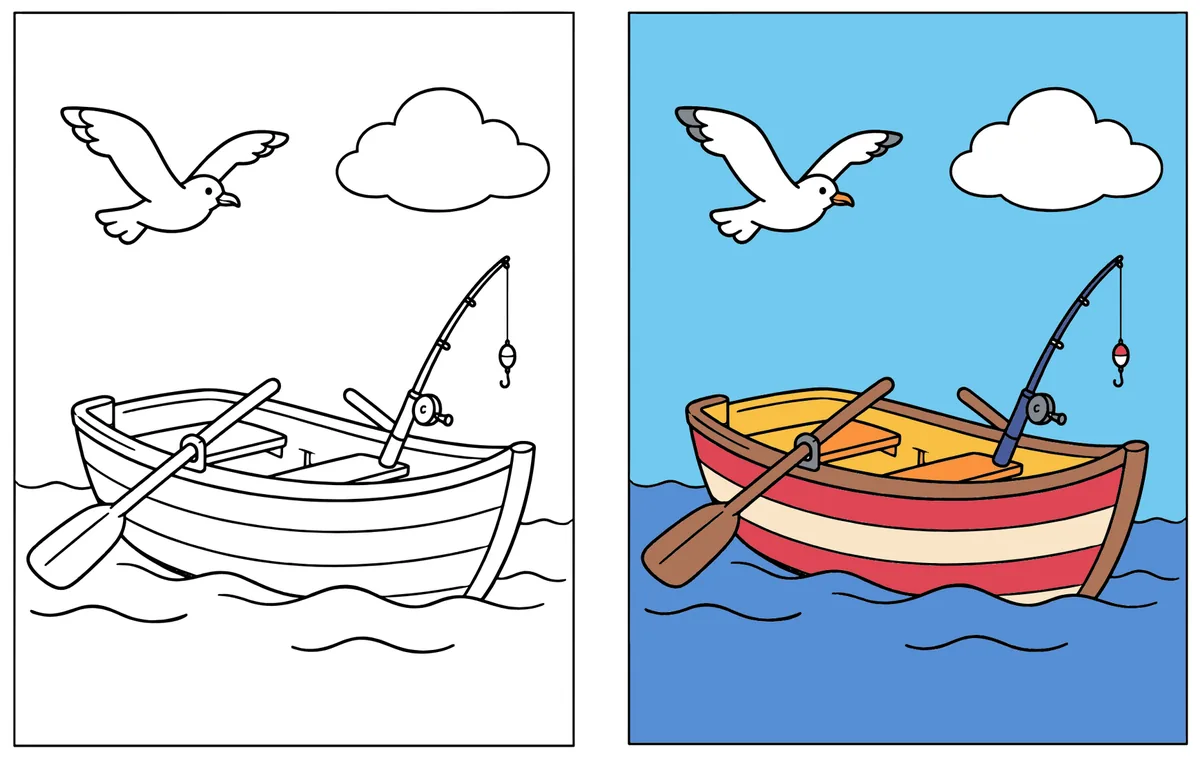Rowboat with a Fishing Rod coloring page: the blank line art next to a colored version