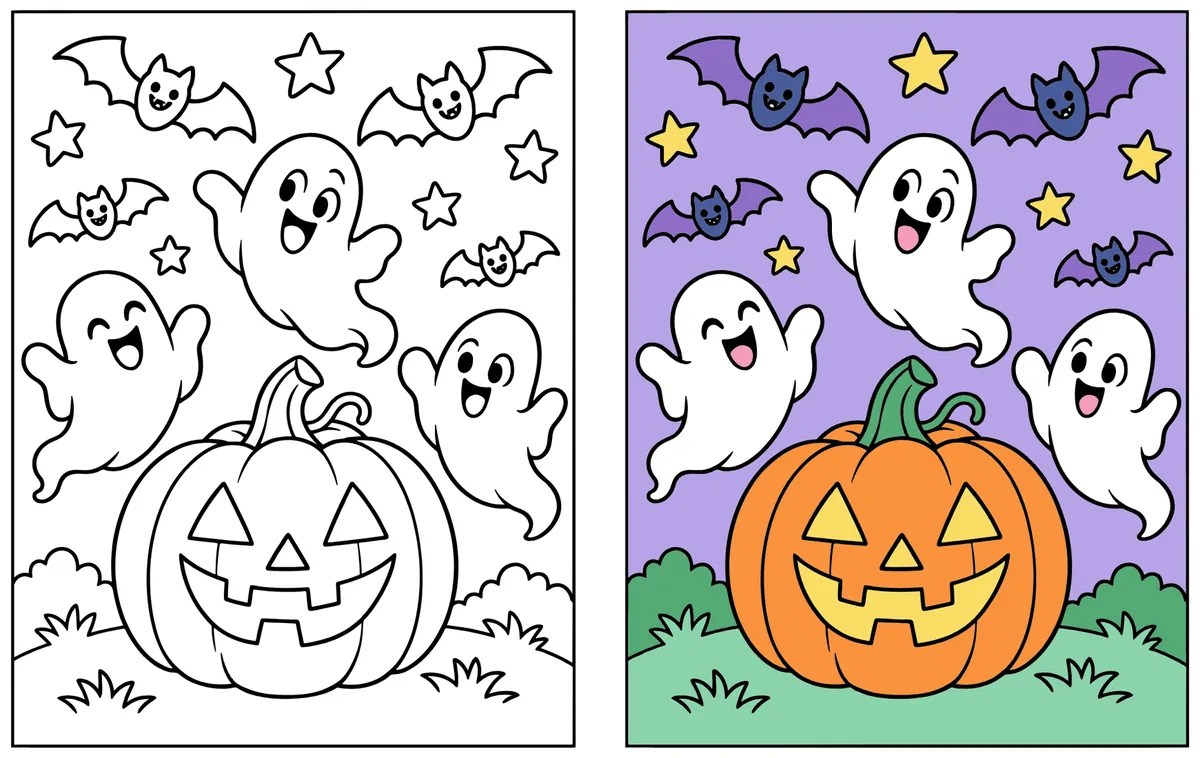 Ghosts Over a Jack-o'-Lantern coloring page: the blank line art next to a colored version