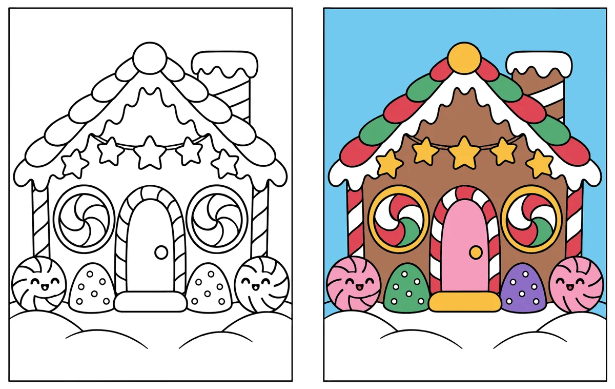 Smiling Peppermint Gingerbread House coloring page: the blank line art next to a colored version