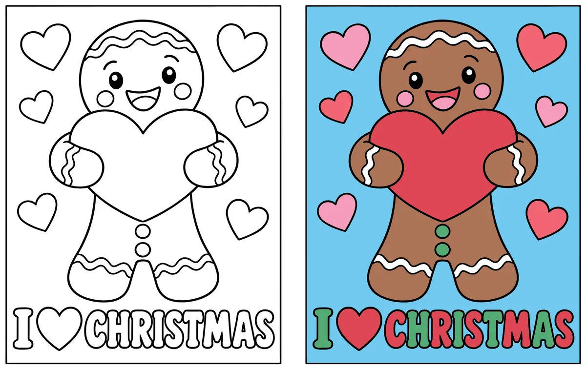 I Love Christmas Gingerbread coloring page: the blank line art next to a colored version