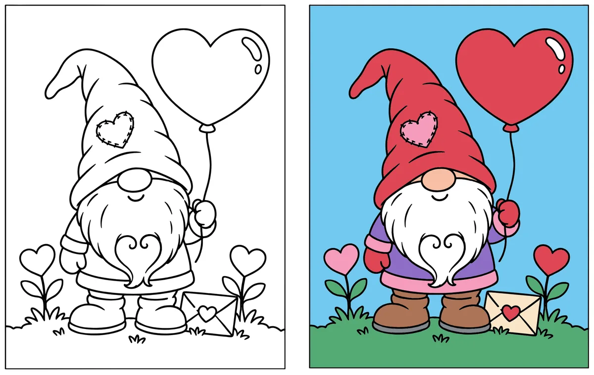 Valentine Gnome coloring page: the blank line art next to a colored version