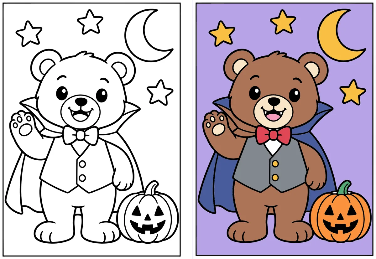 Vampire Teddy Bear coloring page: the blank line art next to a colored version