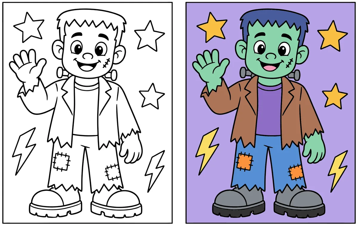 Friendly Frankenstein coloring page: the blank line art next to a colored version