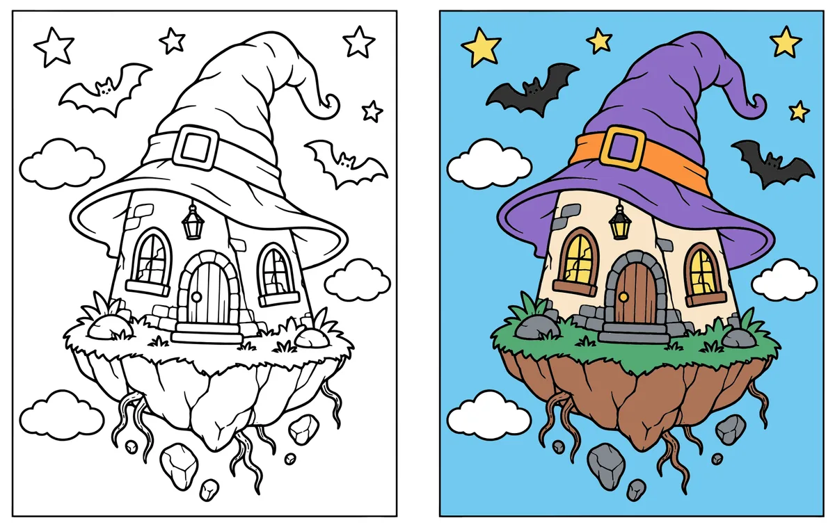 Floating Witch Hat House coloring page: the blank line art next to a colored version