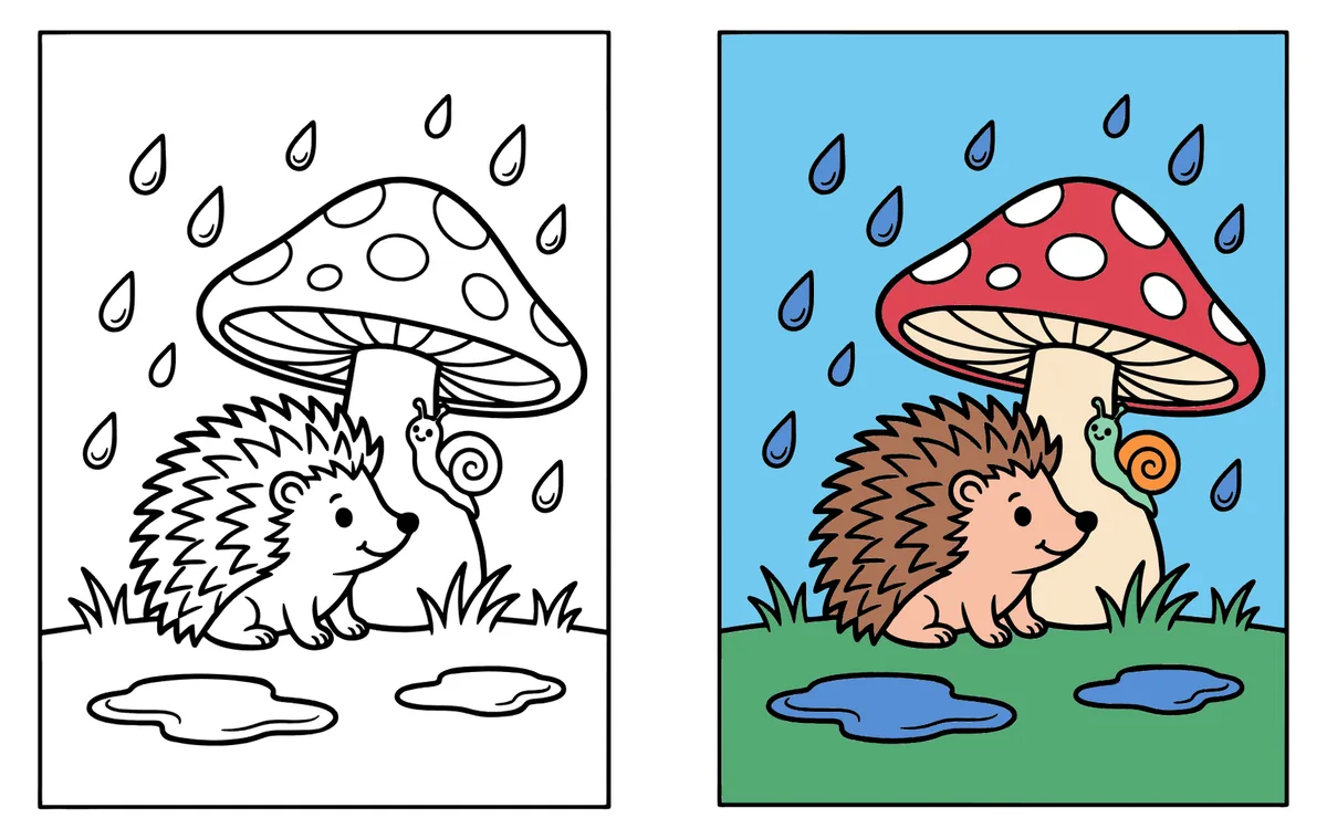 Mushroom Umbrella coloring page: the blank line art next to a colored version