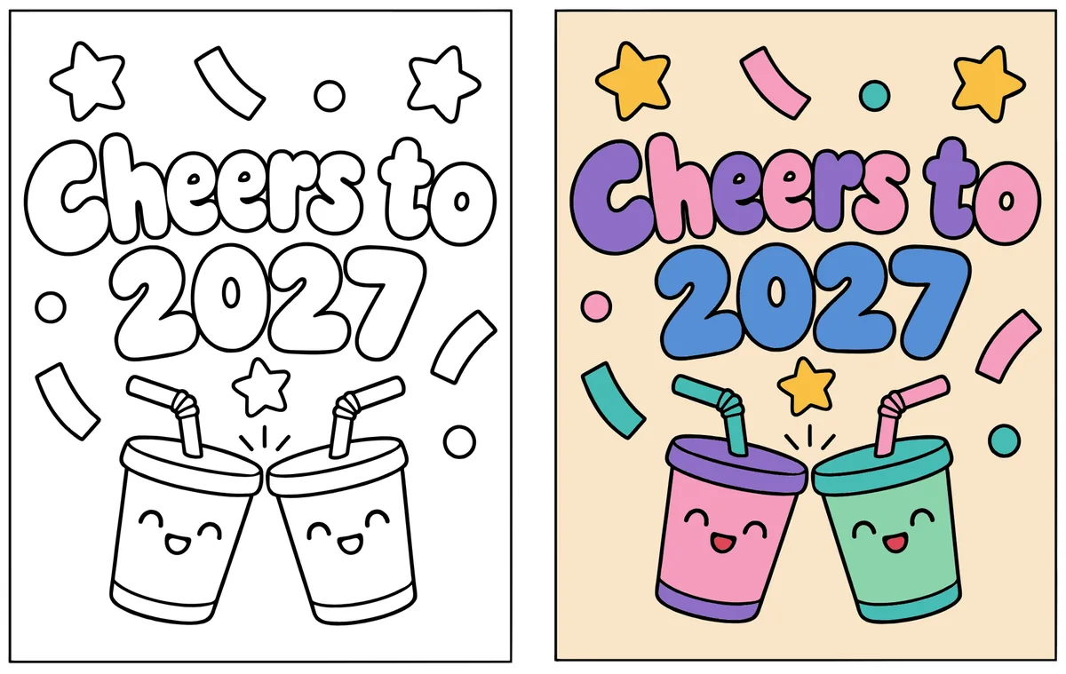Cheers to 2027 coloring page: the blank line art next to a colored version