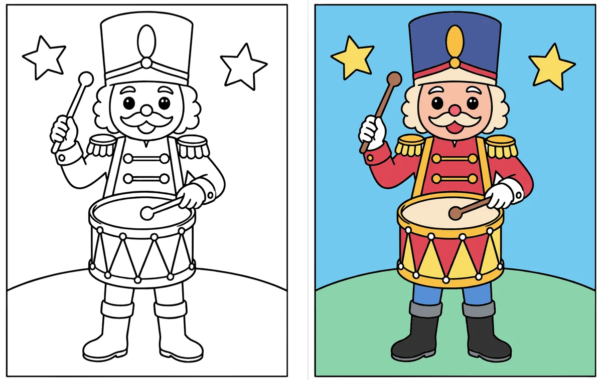 Nutcracker Drummer coloring page: the blank line art next to a colored version