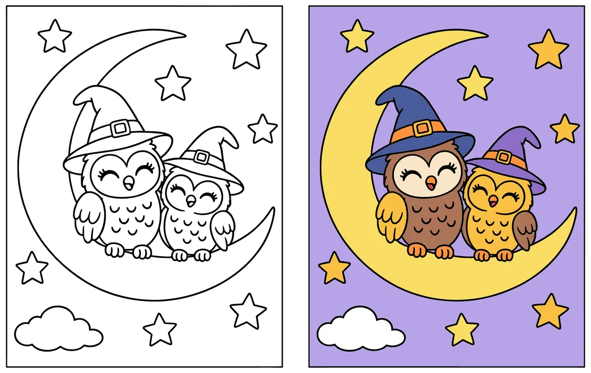 Witch Owls on the Moon coloring page: the blank line art next to a colored version