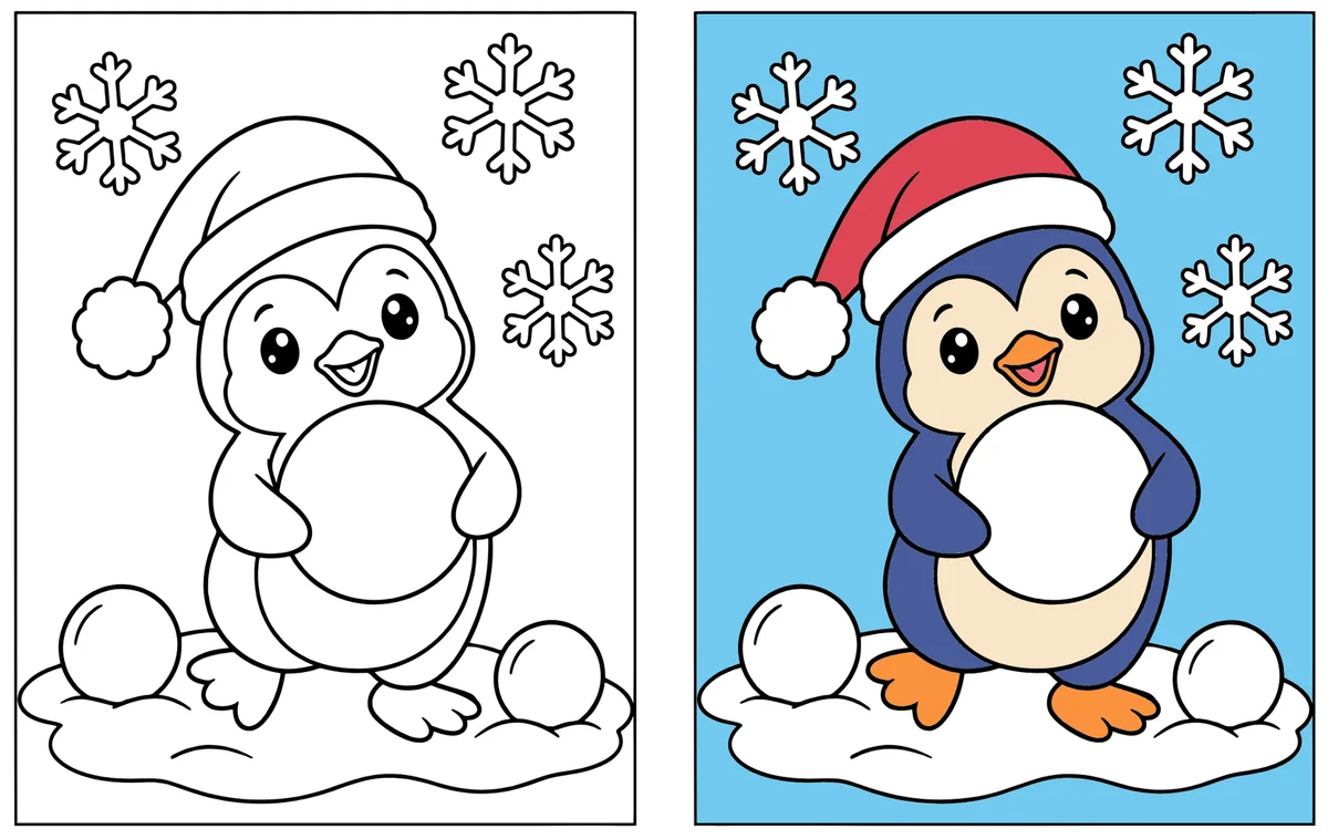 Penguin with a Snowball coloring page: the blank line art next to a colored version