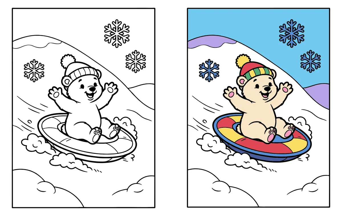 Polar Bear Cub on a Snow Tube coloring page: the blank line art next to a colored version