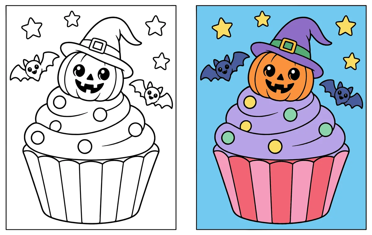 Jack-o'-Lantern Cupcake coloring page: the blank line art next to a colored version