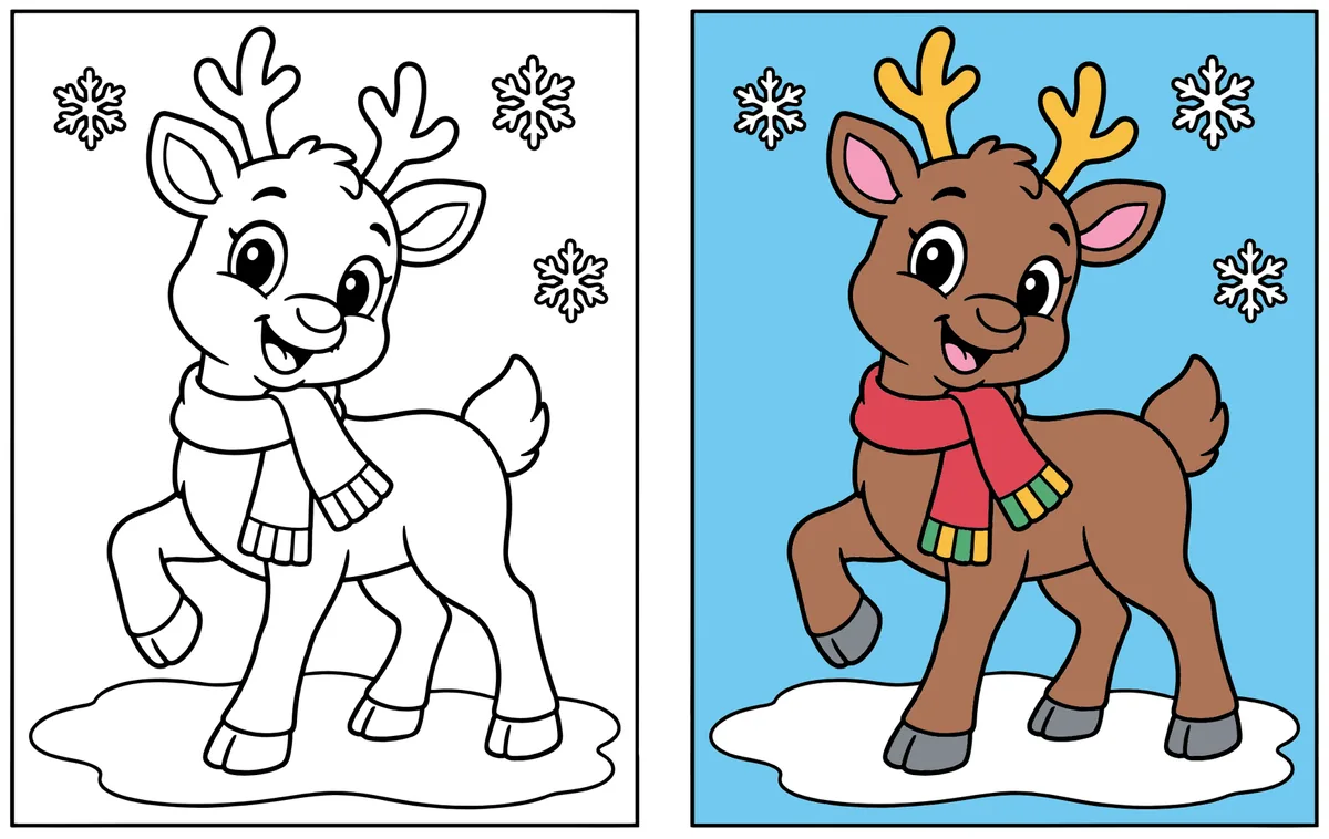 Prancing Reindeer in a Scarf coloring page: the blank line art next to a colored version